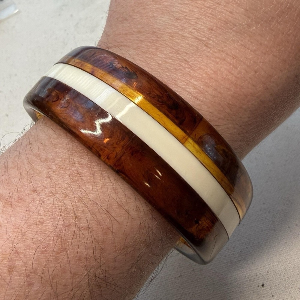 Vintage Cream & Faux Amber Wide Bangle Bracelet Statement MCM Plastic